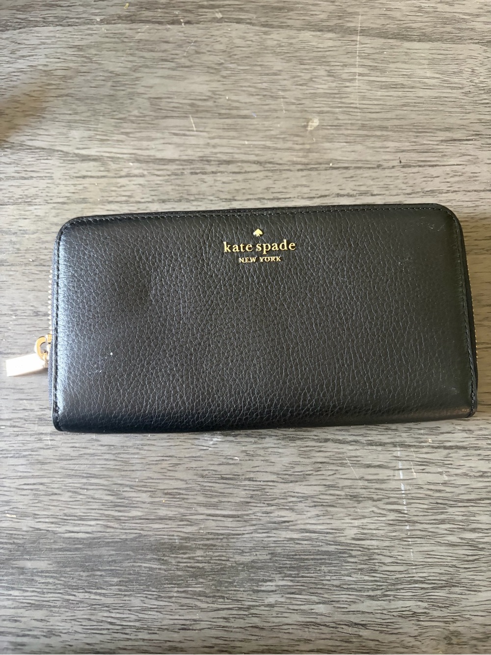 kate spade Black Pebbled Leather Zip Around Wallet with Gold Logo
